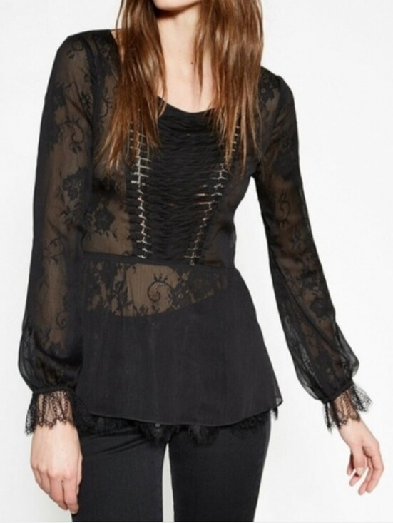 The Kooples Tops - The Kooples Black Lace Sheer Long-Sleeve Peplum Blouse
